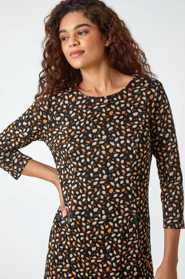 Women Orange Leaf Print Zip Pocket Shift Dress Roman Dresses