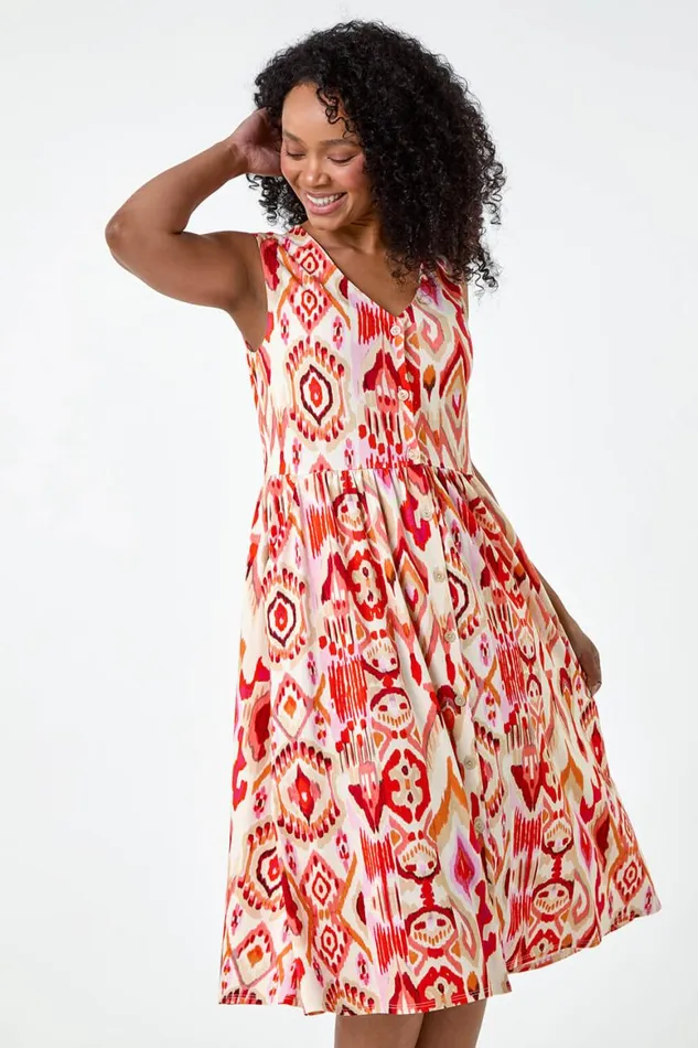 Women Orange Petite Aztec Button Stretch Midi Dress Roman Dresses
