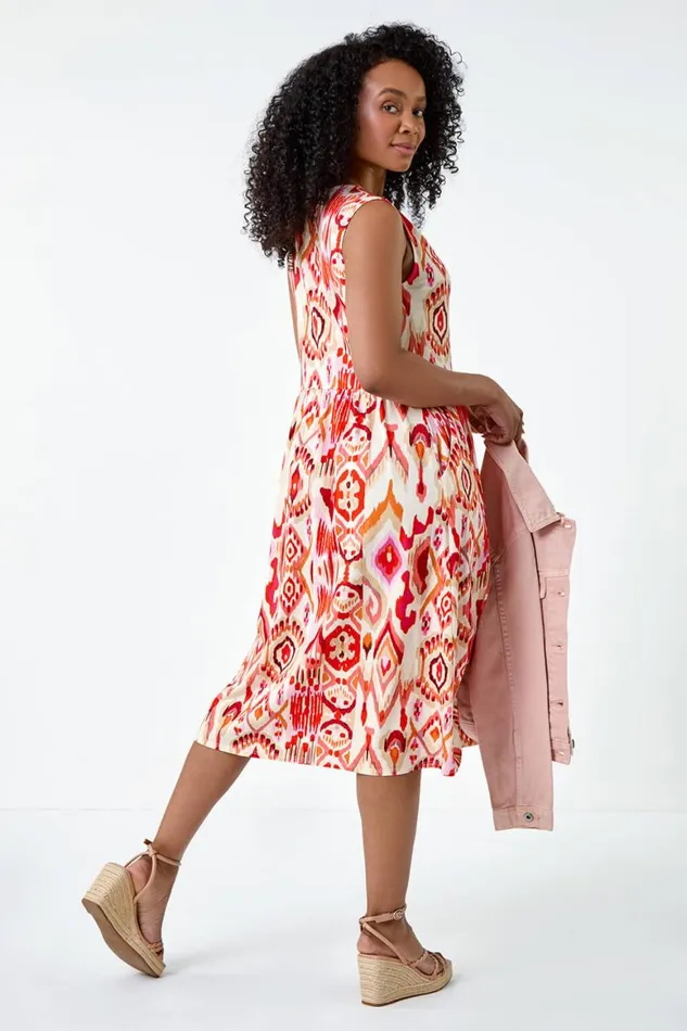 Women Orange Petite Aztec Button Stretch Midi Dress Roman Dresses