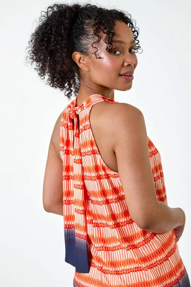 Women Orange Petite Ombre Print Tie Halterneck Top Roman Tops
