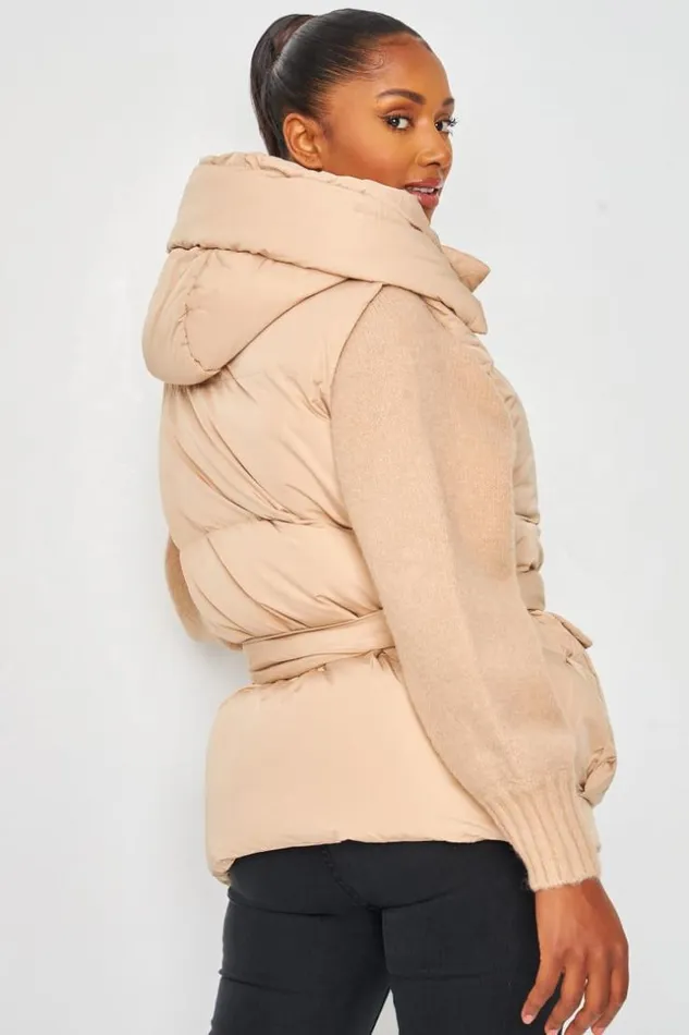 Women Padded Belted Gilet Jacket In Beige Beige Brentiny Paris Parkas And Down Jackets