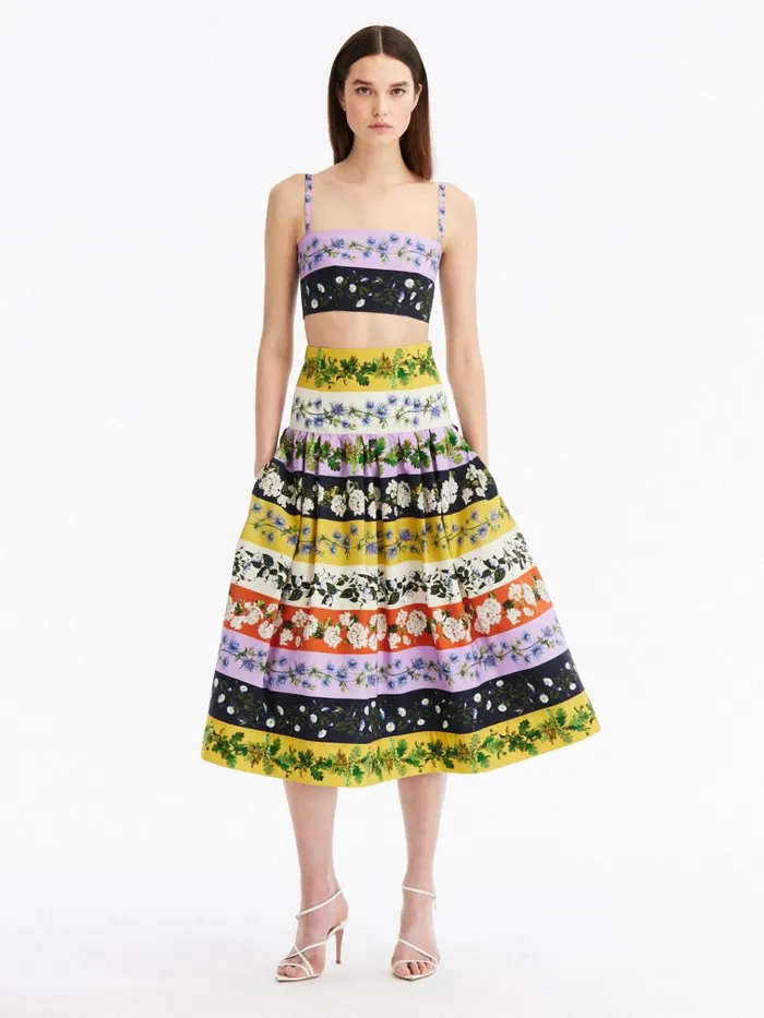 Women Pants and Skirts Oscar De La Renta Botanical Stripe Cotton Poplin Skirt Ginger Multi