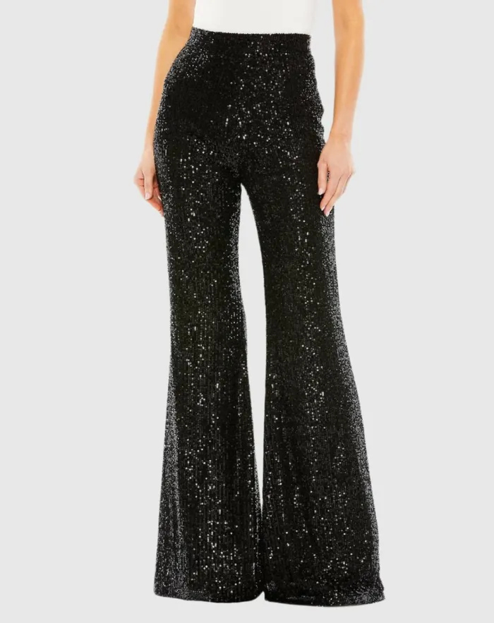Women Pants Mac Duggal Sequin Flare Evening Pants 8211 FINAL SALE Black