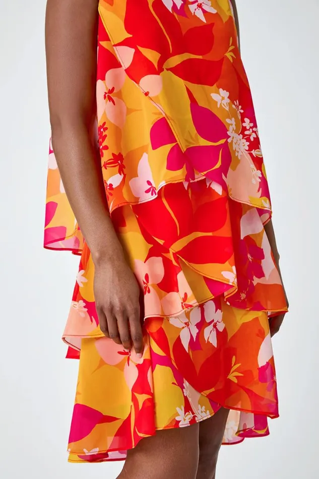 Women Pink Floral Print Tiered Dress Roman Dresses