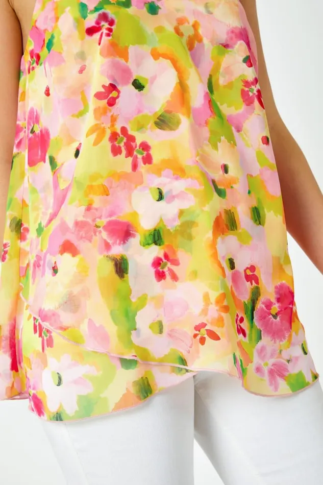 Women Pink Floral Print VNeck Double Layer Cami Top Roman Tops