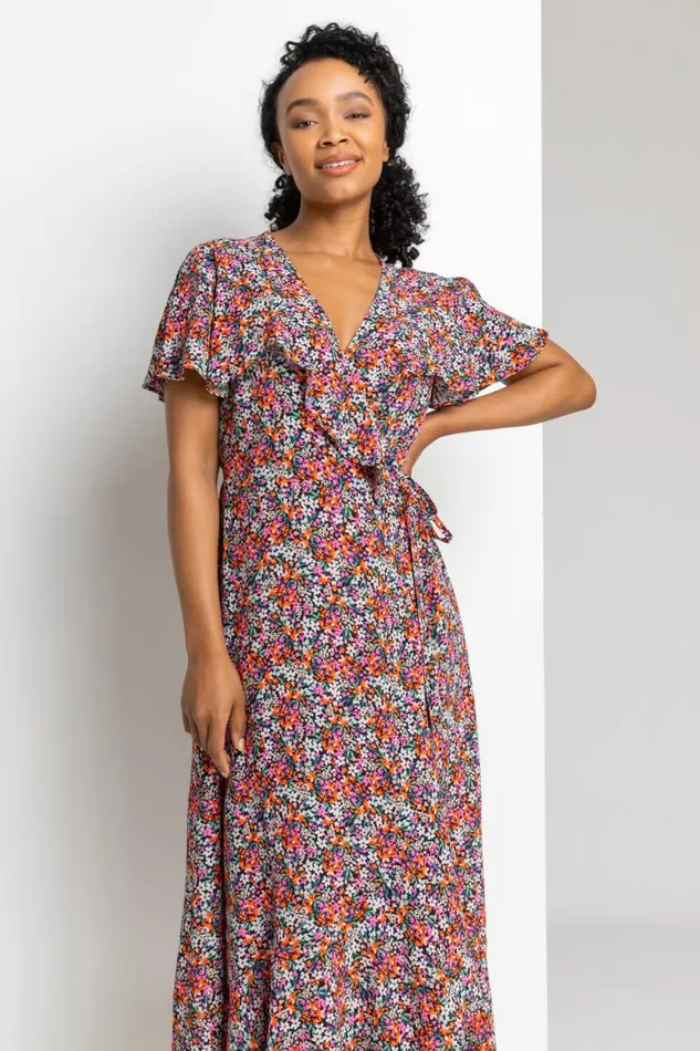 Women Pink Petite Ditsy Floral Frill Wrap Midi Dress Roman Dresses