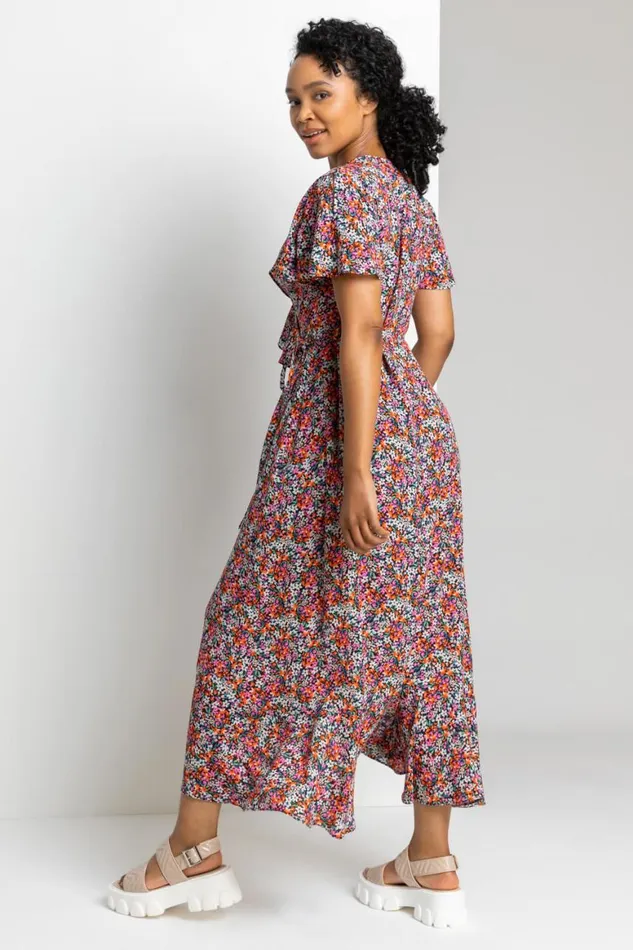 Women Pink Petite Ditsy Floral Frill Wrap Midi Dress Roman Dresses
