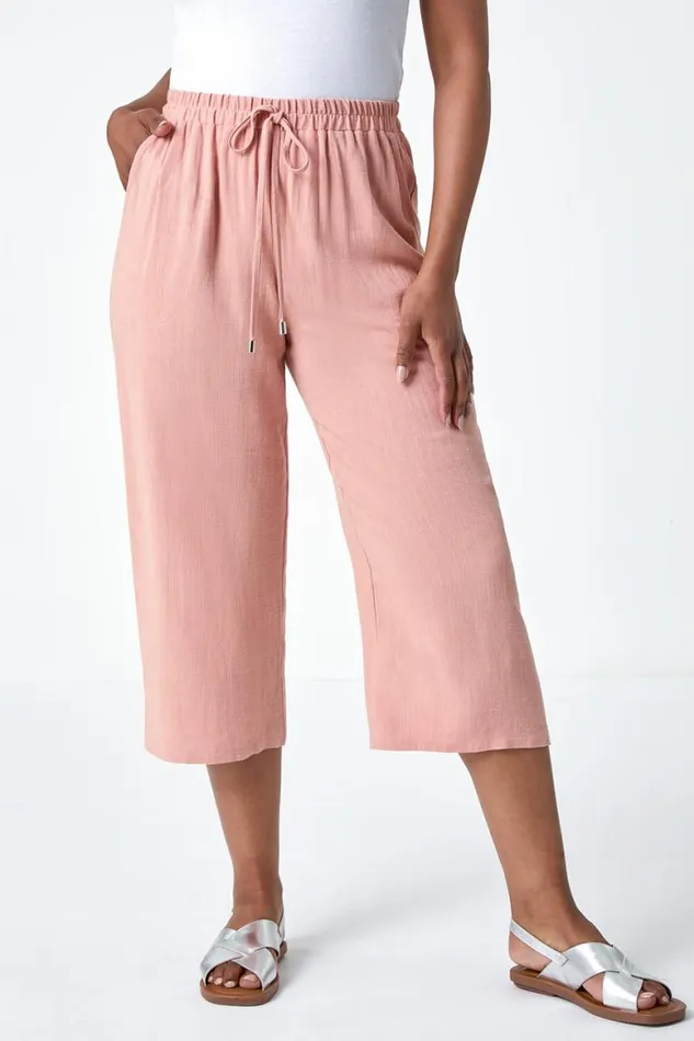 Women Pink Petite Linen Mix Wide Cropped Trousers Roman Trousers