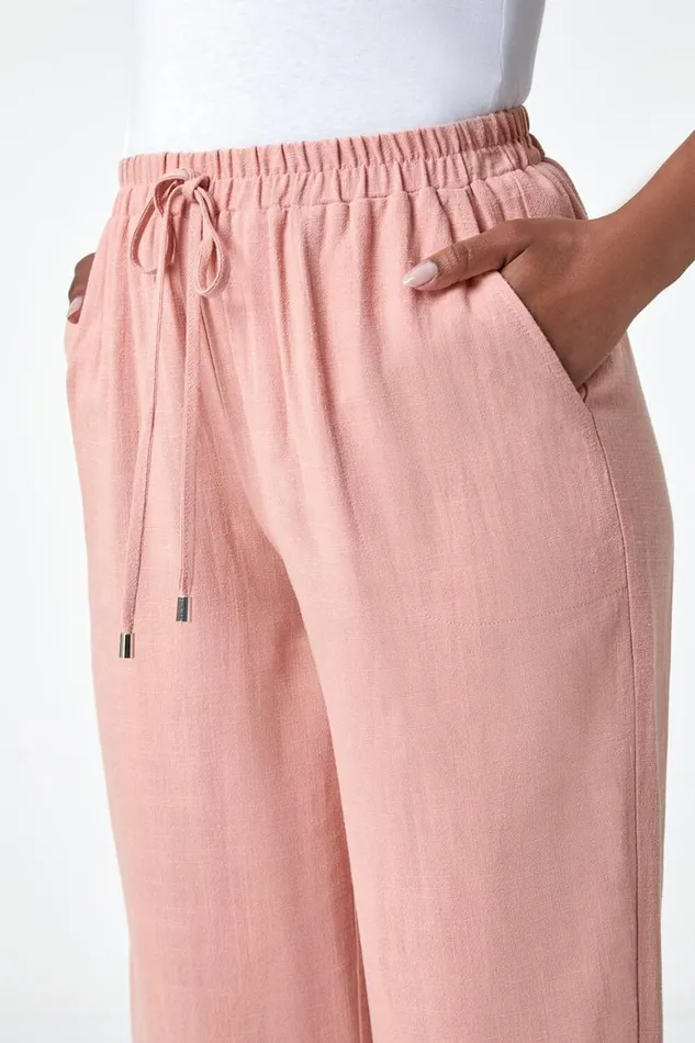 Women Pink Petite Linen Mix Wide Cropped Trousers Roman Trousers