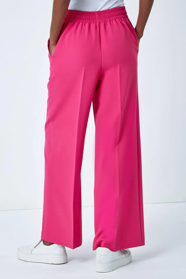 Women Pink Wide Leg Elastic Waist Tie Front Trouser Roman Trousers