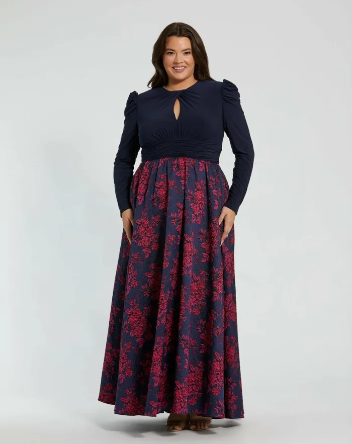 Women Plus Size Dresses Mac Duggal Blue Long Sleeve Keyhole Knot Neck Floral Bottom Gown Midnight Women Plus Size Dresses Mac Duggal Blue Long Sleeve Keyhole Knot Neck Floral Bottom Gown Midnight