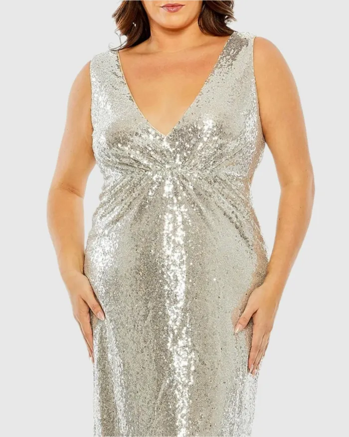 Women Plus Size Dresses Mac Duggal Sequin Vneck Back Cutout Gown Nude Silver