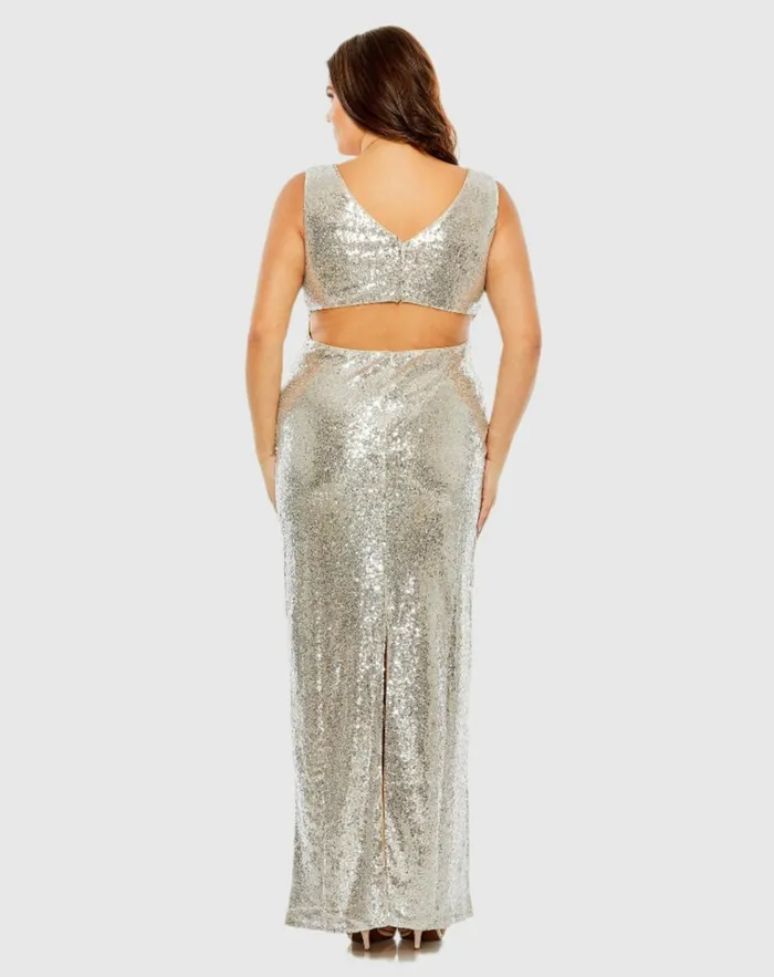 Women Plus Size Dresses Mac Duggal Sequin Vneck Back Cutout Gown Nude Silver