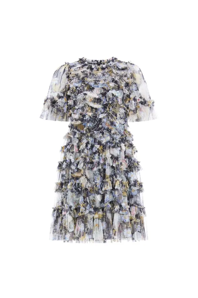 Women Printed Dresses Needle and Thread Moonlight Petals Round Neck Mini Dress Black