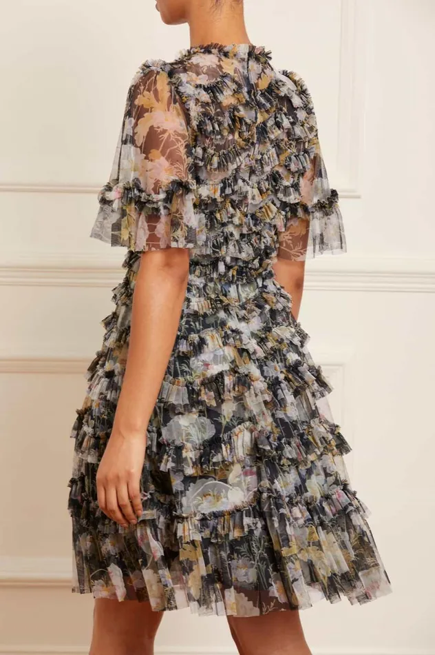Women Printed Dresses Needle and Thread Moonlight Petals Round Neck Mini Dress Black