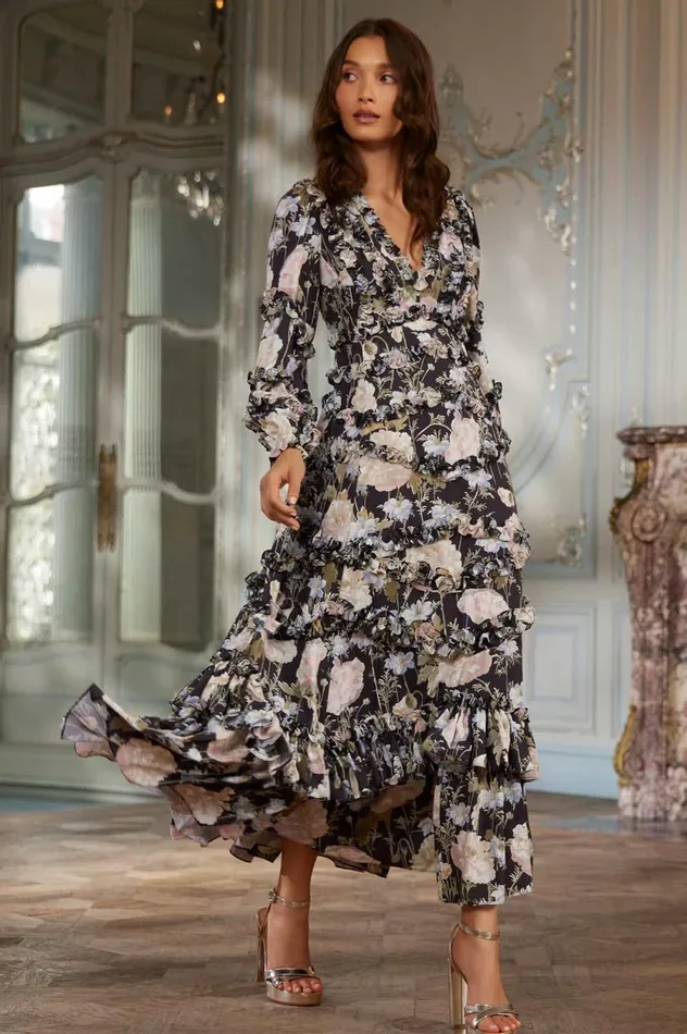 Women Printed Dresses Needle and Thread Moonlight Petals VNeck Crepe Ankle Gown Black