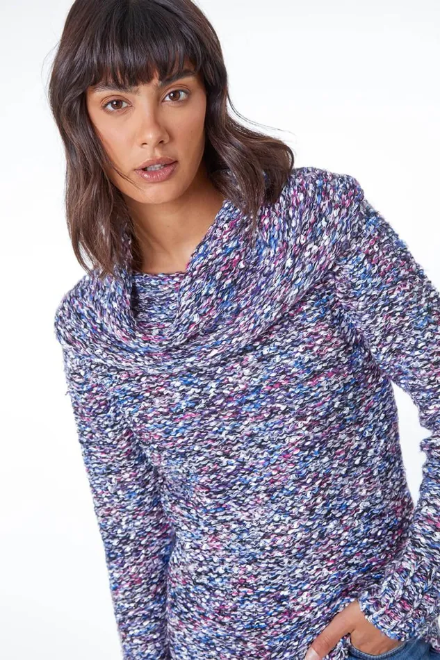 Women Purple Cowl Neck Tape Yarn Jumper Roman Knitwear