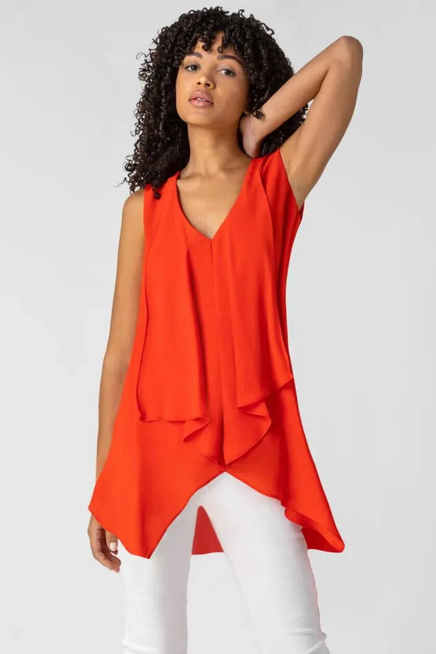 Women Red Asymmetric Hanky Hem Chiffon Tunic Top Roman Tops