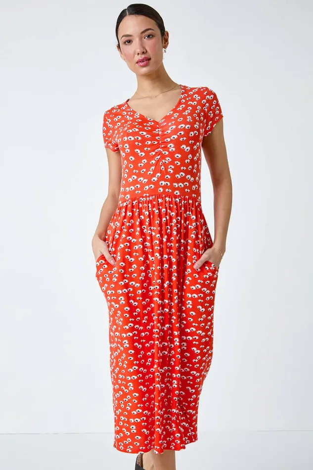 Women Red Ditsy Print Ruched Midi Dress Roman Dresses