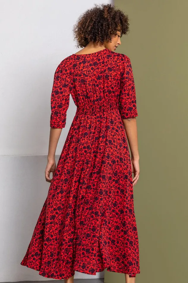 Women Red Floral Print Shirred Waist Maxi Dress Roman Dresses