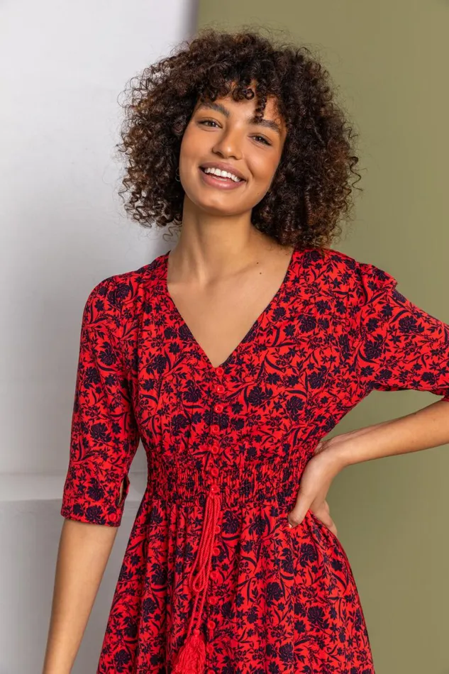 Women Red Floral Print Shirred Waist Maxi Dress Roman Dresses