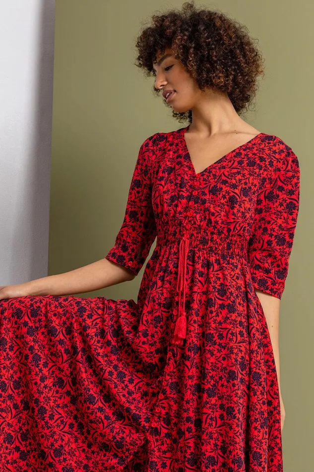 Women Red Floral Print Shirred Waist Maxi Dress Roman Dresses