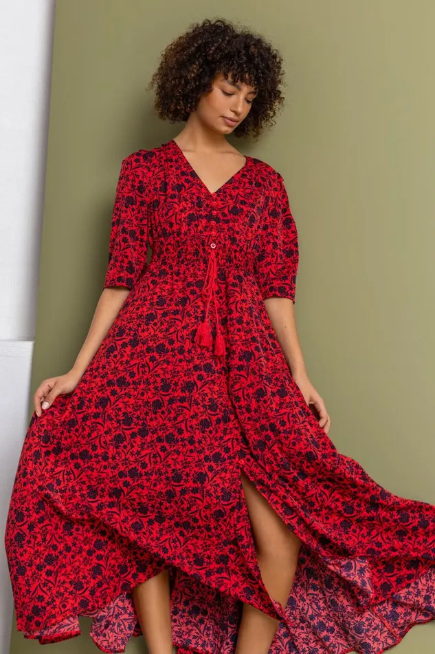 Women Red Floral Print Shirred Waist Maxi Dress Roman Dresses