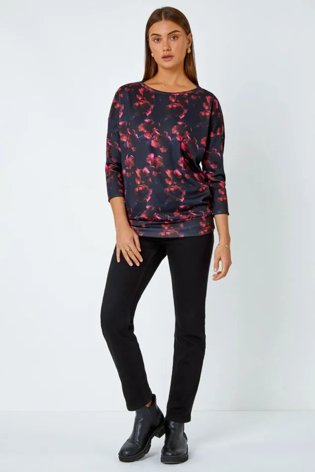 Women Red Floral Stretch Blouson Top Roman Tops