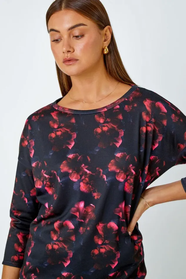 Women Red Floral Stretch Blouson Top Roman Tops