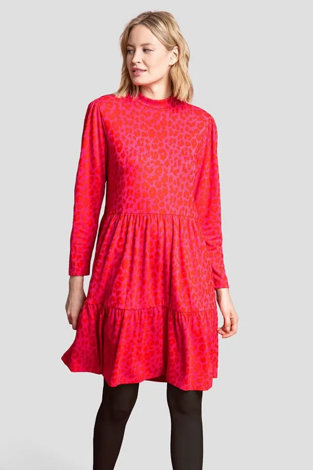 Women Red Jacquard Leopard Print Tiered Dress Roman Dresses