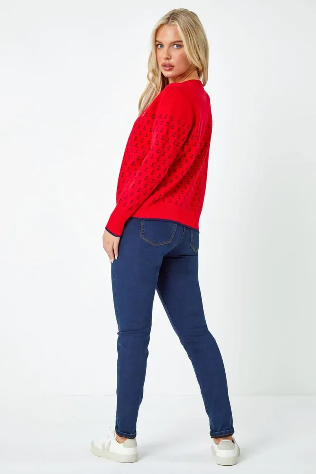 Women Red Petite Anchor Embroidered Cardigan Roman Knitwear