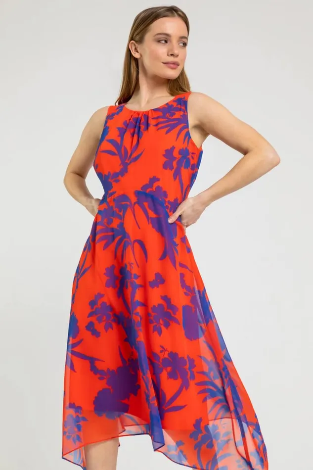 Women Red Petite Floral Print Chiffon Dress Roman Dresses