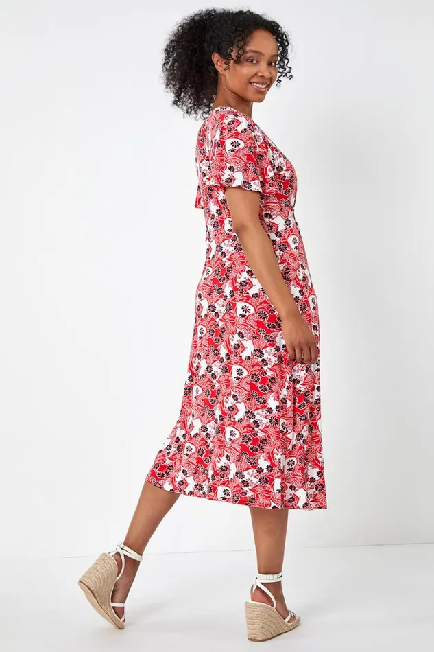 Women Red Petite Floral Shirred Stretch Midi Dress Roman Dresses
