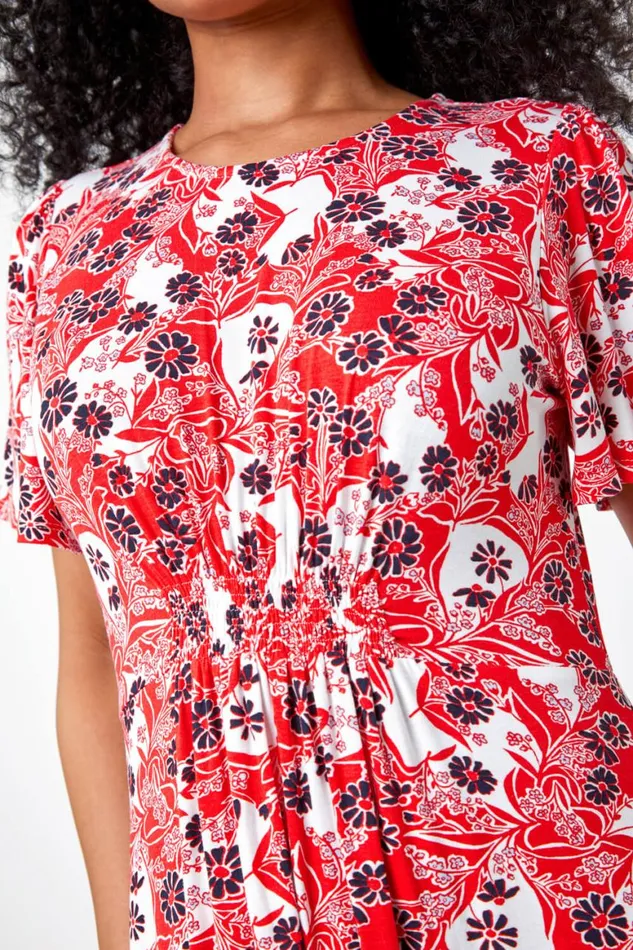 Women Red Petite Floral Stretch Tea Skater Dress Roman Dresses