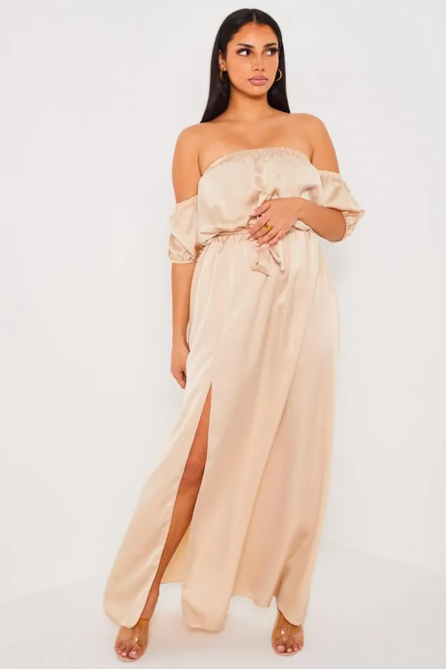 Women Robe Beige Satine Col Bardot Beige Brentiny Paris Short Dresses