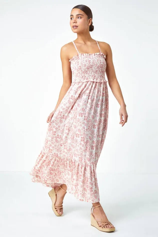 Women Rose Petite Floral Print Shirred Maxi Dress Roman Dresses
