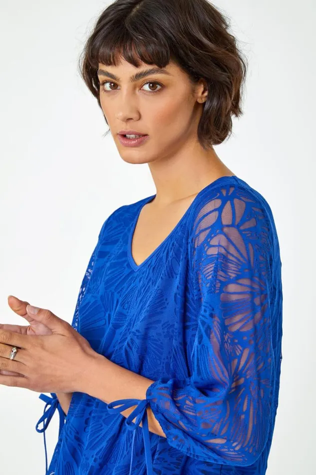 Women Royal Blue Burnout Tie Sleeve Overlay Top Roman Tops
