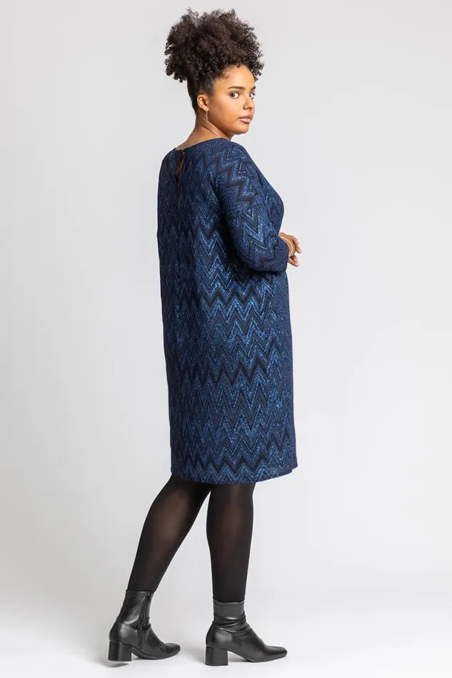 Women Royal Blue Curve Zig Zag Print Shift Dress Roman Dresses