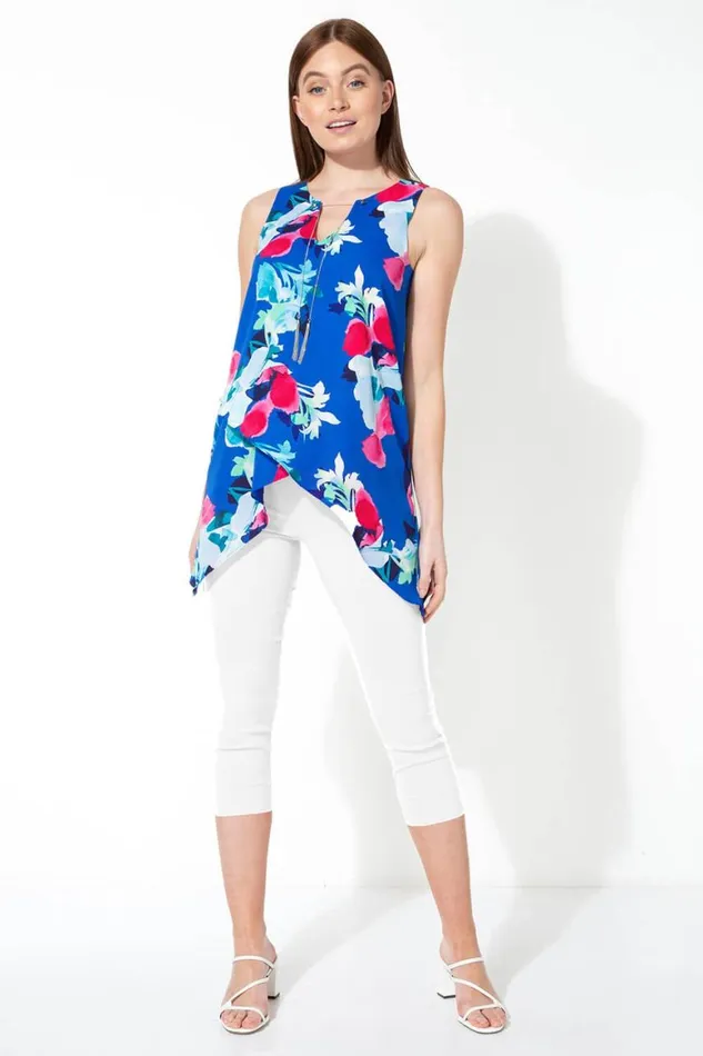 Women Royal Blue Floral Print Asymmetric Top With Necklace Roman Tops