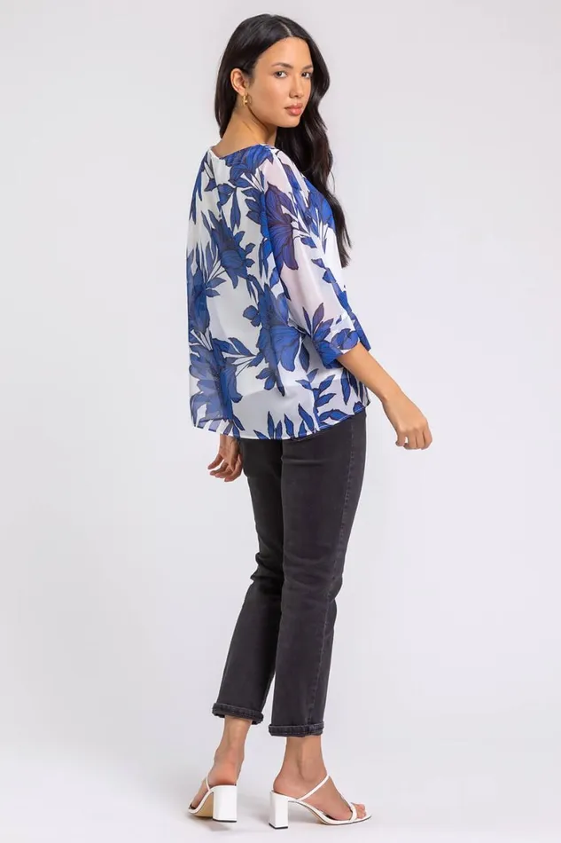 Women Royal Blue Floral Print Chiffon Overlay Top Roman Tops