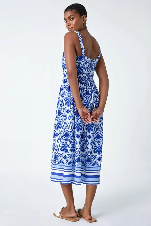 Women Royal Blue Paisley Border Print Midi Dress Roman Dresses