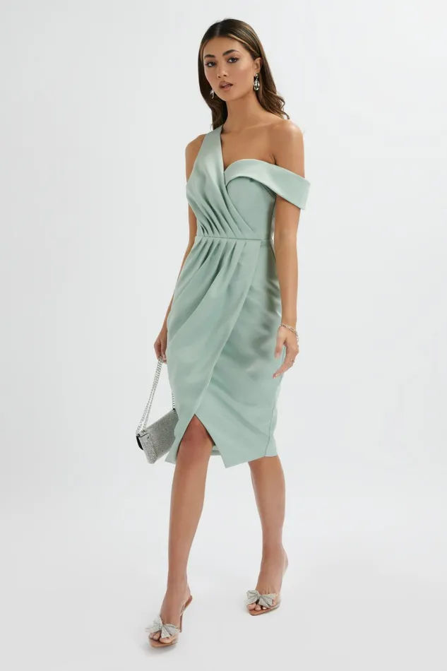 Women Ruched Dresses Lavish Alice MAJA One Shoulder Pleated Bonded Satin Midi Dress In Sage Green Sage Green