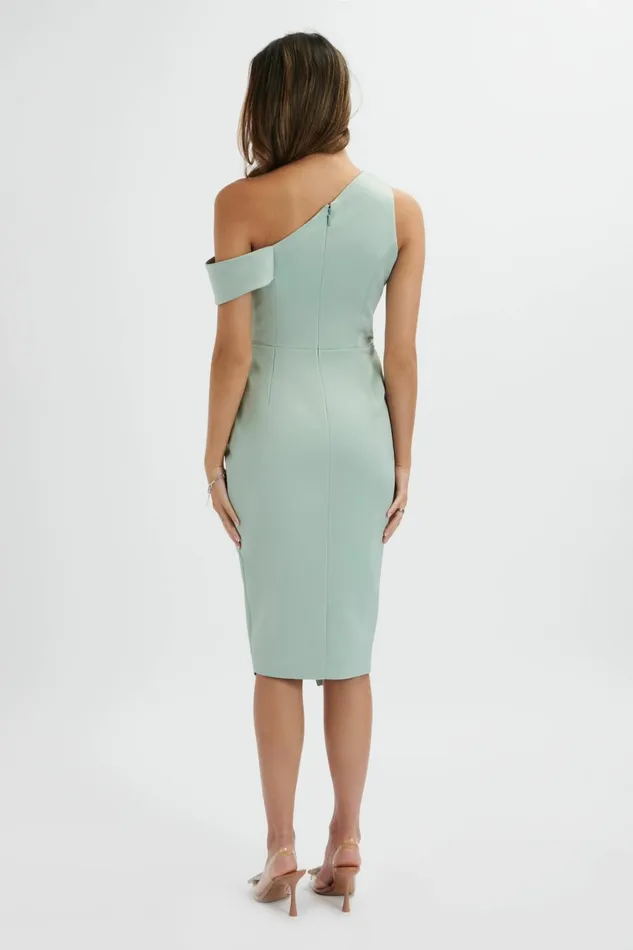 Women Ruched Dresses Lavish Alice MAJA One Shoulder Pleated Bonded Satin Midi Dress In Sage Green Sage Green