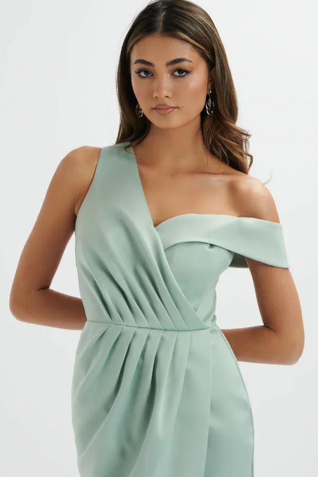 Women Ruched Dresses Lavish Alice MAJA One Shoulder Pleated Bonded Satin Midi Dress In Sage Green Sage Green