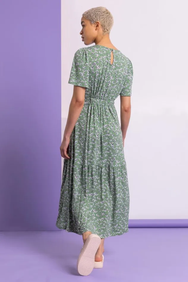 Women Sage Ditsy Daisy Print Belted Dress Roman Dresses