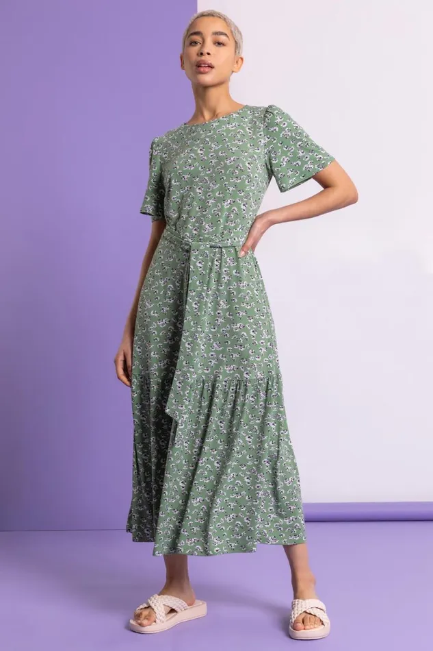 Women Sage Ditsy Daisy Print Belted Dress Roman Dresses