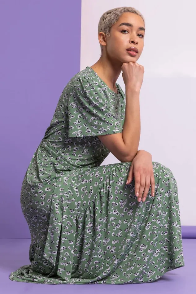 Women Sage Ditsy Daisy Print Belted Dress Roman Dresses