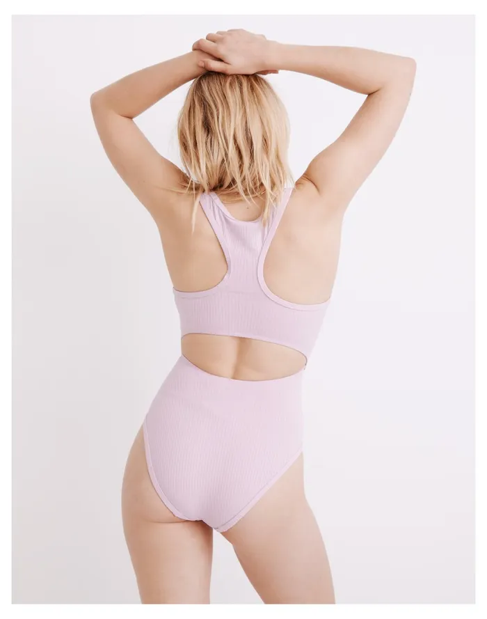 Women Second Wave Ribbed Racerback Cutout One Piece Swimsuit Lavender Mist Madewell Swim Women Second Wave Ribbed Racerback Cutout One Piece Swimsuit Lavender Mist Madewell Swim