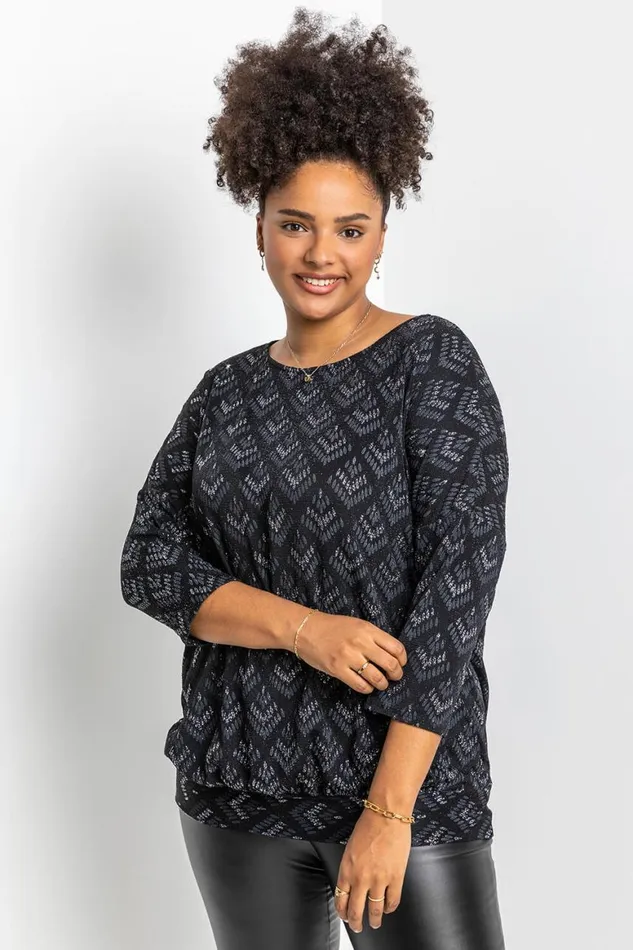 Women Silver Curve Glitter Print Blouson Top Roman Tops