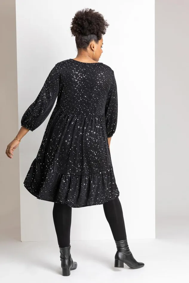 Women Silver Curve Shimmer Tiered Shift Dress Roman Dresses